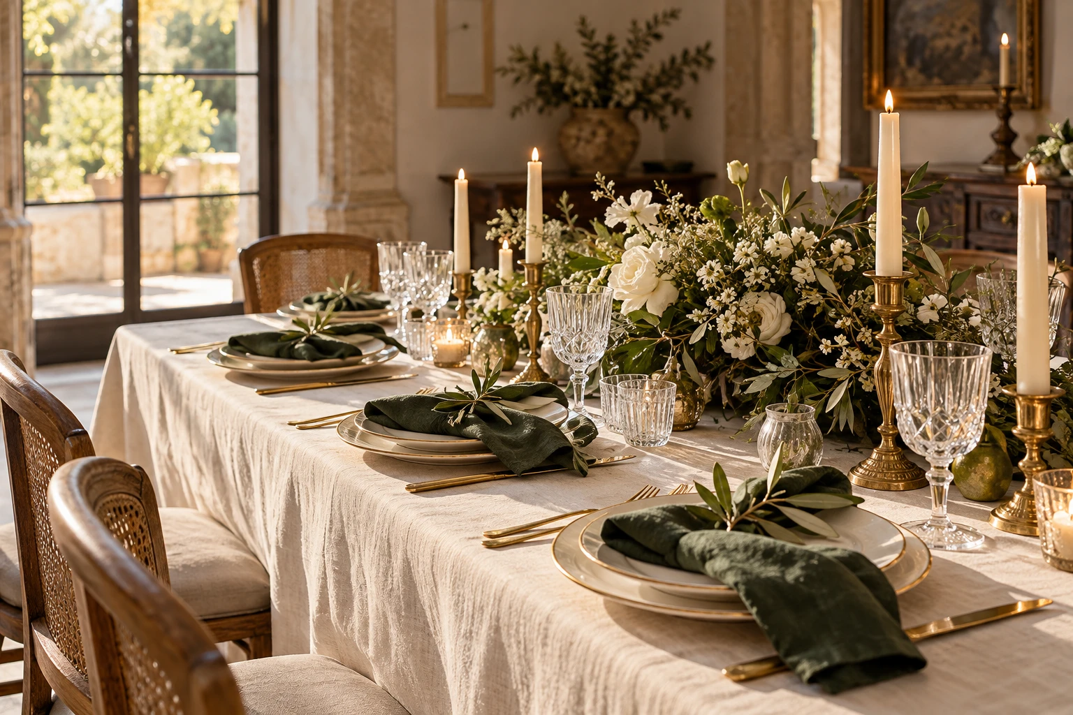 Inspiração de mesa posta com loiça clara, guardanapos verdes e flores brancas